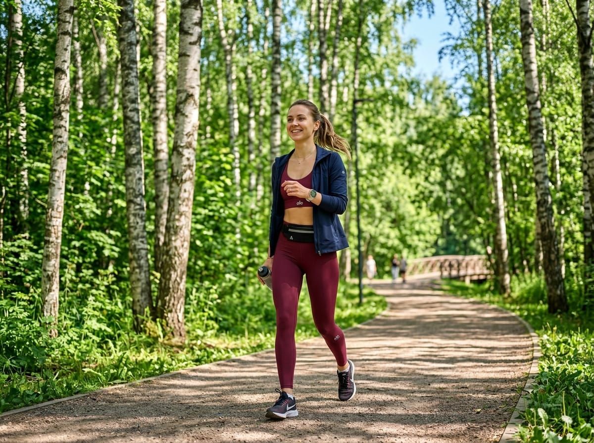 Девушка в спортивной форме Alo Yoga на пробежке в летнем парке среди берёз